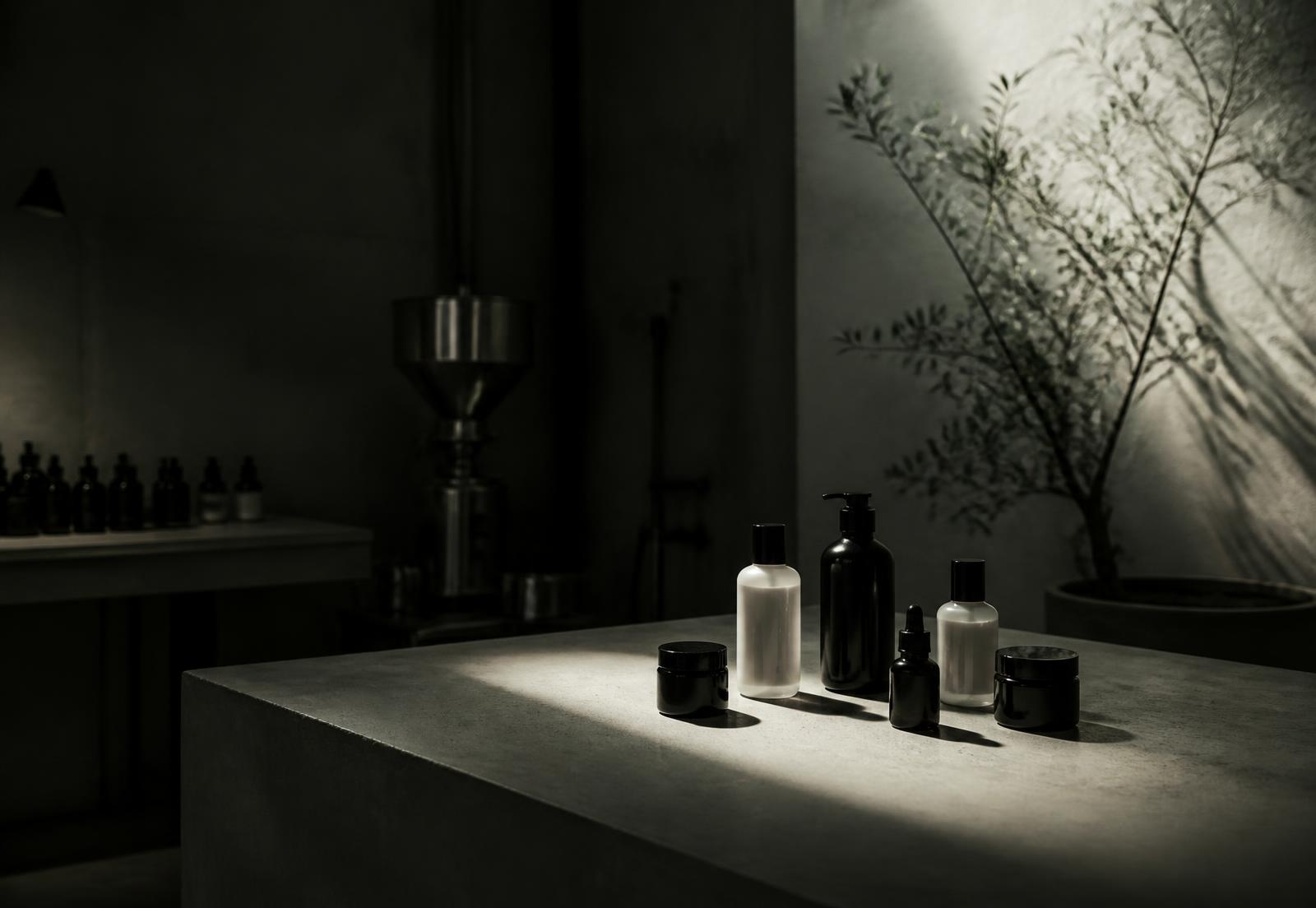 Products on a concrete table inside the company's Los Angeles manufacturing studio